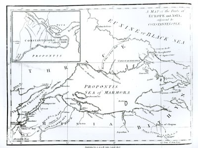 Mapa części Europy i Azji przylegających do Konstantynopola, z „Historii schyłku i upadku Cesarstwa Rzymskiego”, tom 9, autorstwa Edwarda Gibbona, 1808 autorstwa English School