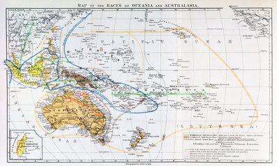 Mapa ras Oceanii i Australazji, z „Historii ludzkości”, tom 1, autorstwa prof. Friedricha Ratzela, 1896 autorstwa English School