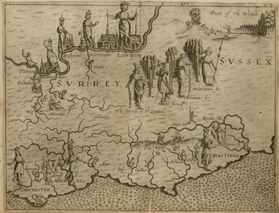 Mapa południowej Anglii, w tym Londynu, Surrey i Sussex autorstwa English School