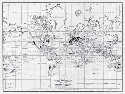 Mapa świata przedstawiająca kraje produkujące wino (lito) autorstwa English School