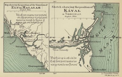 Mapa przedstawiająca położenie Królestwa Ely w Malabarze, Szkic przedstawiający położenie Kayal w Tinnevelly (kolorowa litografia) autorstwa English School