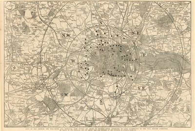 Mapa przedstawiająca bramki poboru opłat i główne słupki w promieniu 6 mil od Charing Cross, wystawiona Lordowi Palmerstonowi przez Komitet ds. Reformy Poboru Opłat autorstwa English School