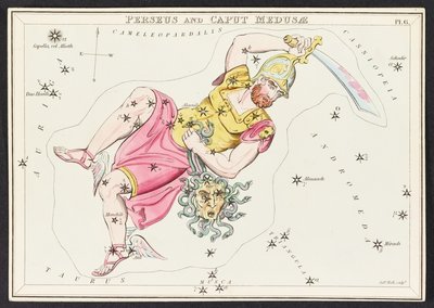 Mapy C.44.A.42 Perseusz i Caput Meudusa z „Zwierciadła Urania”; lub Widok niebios. [Pudełko z 32 kartami.]” autorstwa Jehoshaphata Aspina autorstwa English School