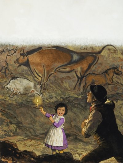 Marcelino Sanz de Sautuola (1831-88) i jego córka Maria odkrywają malowidła jaskiniowe w Altamirze (gwasz na papierze) autorstwa English School