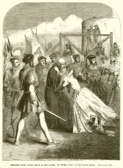 Margaret Roper żegna się ze swoim ojcem, Sir Thomasem More, na nabrzeżu Tower Wharf autorstwa English School