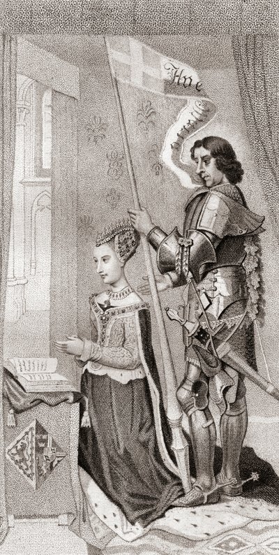 Małgorzata Duńska ze św. Kanutem, patronką Danii, za nią trzymająca sztandar przedstawiający krzyż wypraw krzyżowych. Małgorzata Duńska autorstwa English School