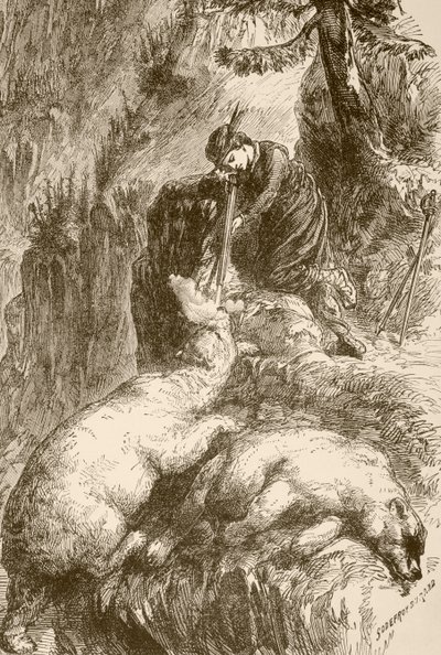 Marguerite de Roberval strzela do dwóch niedźwiedzi na Wyspie Demonów w pobliżu Nowej Fundlandii (litho) autorstwa English School