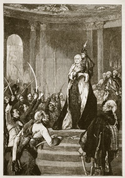 Maria Teresa i węgierski parlament, ilustracja z Cassells Illustrated History of England (zdjęcie w sepii) autorstwa English School