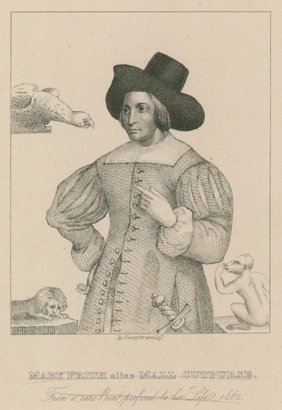 Mary Frith, alias Moll Curpurse, z rzadkiego druku z prefiksem do jej życia, 1662 autorstwa English School