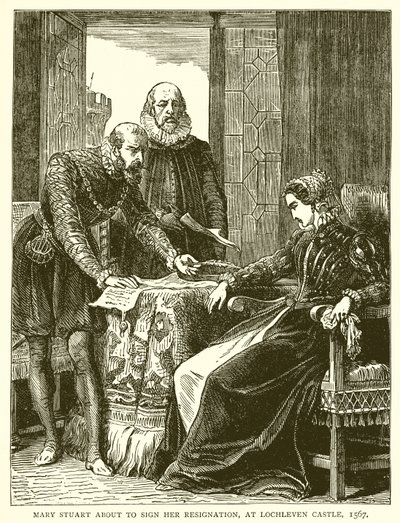 Mary Stuart o podpisaniu swojej rezygnacji, w zamku Lochleven, 1567 autorstwa English School