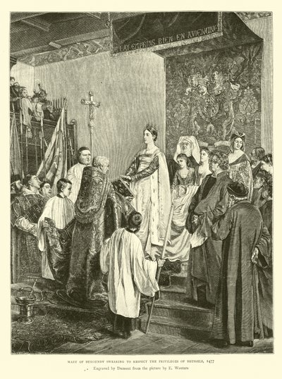Maria Burgundzka przysięgająca szanować przywileje Brukseli, 1477 autorstwa English School