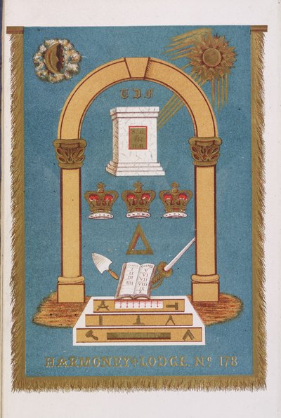 Godło loży masońskiej przedstawiające filary i różne symbole autorstwa English School