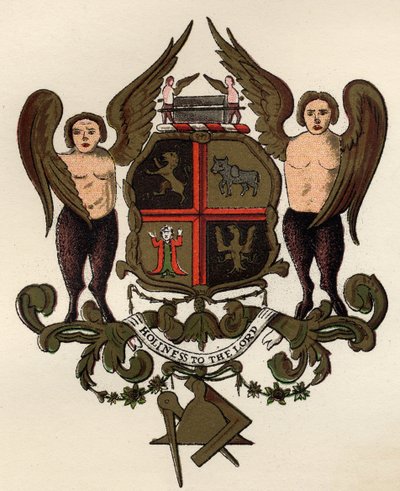 Ramiona masońskie, po malowanym panelu będącym w posiadaniu W.H.Y. Rylands, z Historii masonerii, tom II, wydanej przez Thomasa C. Jacka, Londyn, 1883 autorstwa English School