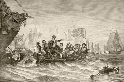 Główny komendant Oliver Hazard Perry przenoszony z amerykańskiego bryg Lawrence do amerykańskiej bryg Niagra podczas bitwy nad jeziorem Erie (litho) autorstwa English School