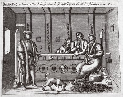 Mistrz Philpots przebywający w Colehouse, gdzie znalazł Thomasa Whittle, księdza siedzącego w dybach, ilustracja z Acts and Monuments Johna Foxe