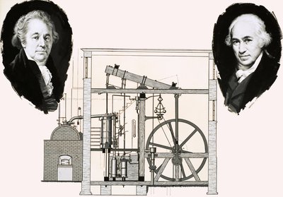 Matthew Boulton i James Watt z jednym z opatentowanych silników parowych autorstwa English School