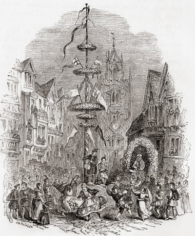 Taniec majowy przed kościołem St Andrew Undershaft, Londyn, Anglia w XIX wieku, fFrom Old England: A Pictorial Museum, pub. 1847 autorstwa English School