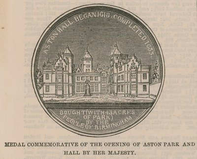 Medal upamiętniający otwarcie Aston Park and Hall przez Jej Wysokość autorstwa English School