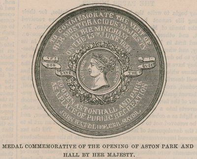 Medal upamiętniający otwarcie Aston Park and Hall przez Jej Wysokość autorstwa English School