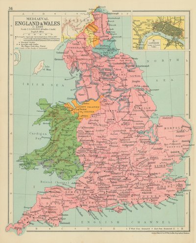 Średniowieczna Anglia i Walia ok. 1399 r. (kolorowa litografia) autorstwa English School
