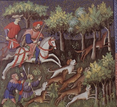 Średniowieczni arystokraci polujący na lisy (tempera na papierze) autorstwa English School