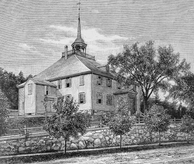 Dom Spotkań w Hingham, ilustracja z tomu III „Narrative and Critical History of America”, 1886 autorstwa English School