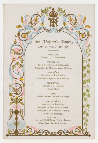 Menu na kolację królowej Wiktorii w poniedziałek 21 czerwca 1897, dzień przed jej Diamentowym Jubileuszem autorstwa English School