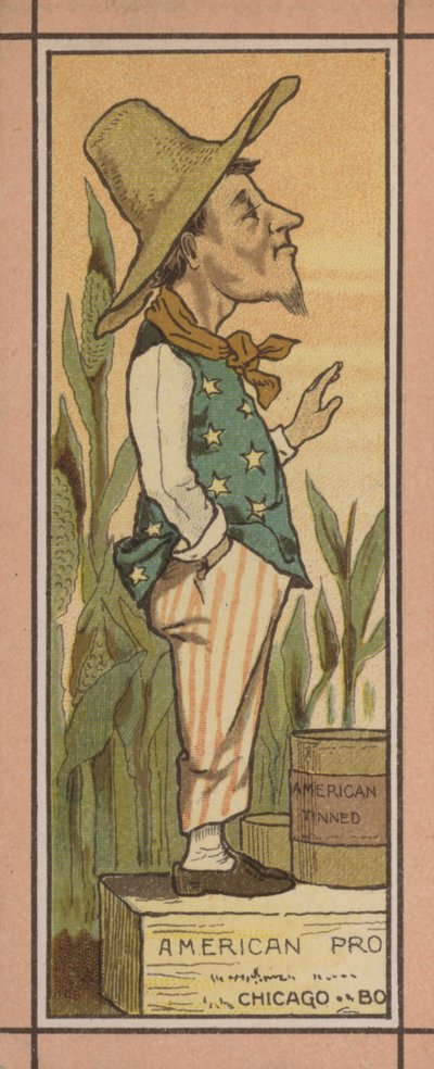 Ilustracja menu: Amerykańskie konserwy (kolorowa litografia) autorstwa English School