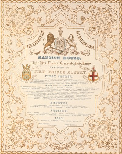 Menu bankietu dla księcia Alberta w Mansion House z okazji Wielkiej Wystawy Wszystkich Narodów, Londyn, 1851 r. autorstwa English School