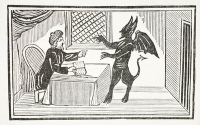 Mefistofeles przychodzi do domu doktorów, ilustracja z książki Chap-books of the Eighteenth Century Johna Ashtona, wyd. 1882 autorstwa English School