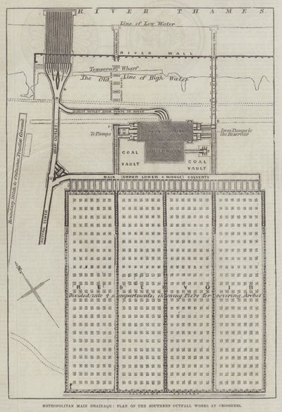 Metropolitalny Główny Drenaż, Plan prac przy ujściu południowym w Crossness (grawerowanie) autorstwa English School