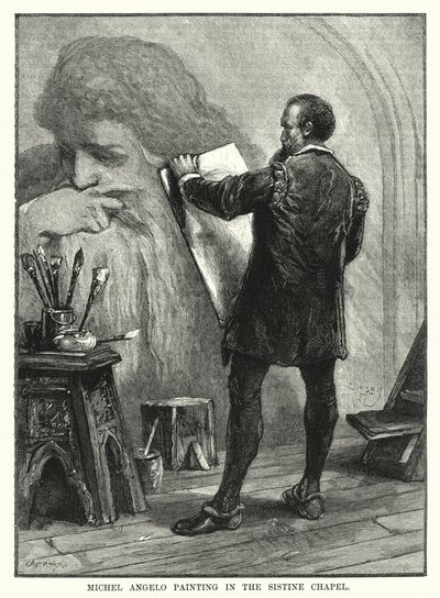 Obraz Michel Angelo w Kaplicy Sykstyńskiej (rycina) autorstwa English School