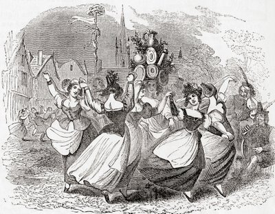 Taniec mleczarki ze stosem talerzy, May Day, Anglia, ze Starej Anglii: A Pictorial Museum, pub. 1847 autorstwa English School