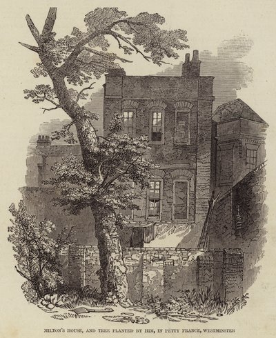 Dom Miltona i drzewo zasadzone przez niego, w Petty France, Westminster (grawerowanie) autorstwa English School