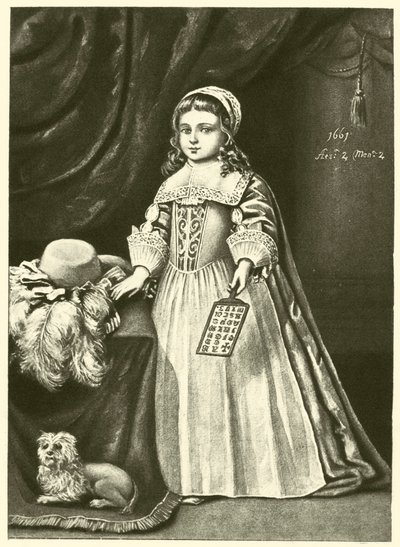 Panna Campion, trzymająca księgę waltorniową (grawerunek) autorstwa English School