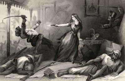 Miss Wheeler broniąca się przed Sepoys w Cawnpore w 1857, z „Historii indyjskiego buntu”, wydanej w 1858 (rycina) autorstwa English School