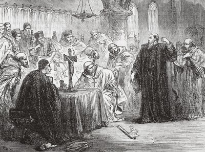 Mollio rzucający pochodnię przed Inkwizycją, ilustracja z Historii protestantyzmu Jamesa Aitkena Wylie (1808-1890), wyd. 1878 autorstwa English School