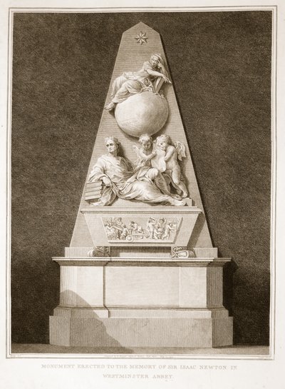 Pomnik wzniesiony ku pamięci Sir Isaaca Newtona w opactwie Westminster, ilustracja z David Humes The History of England, wyd. R. Bowyer, Londyn, 1812 r. autorstwa English School