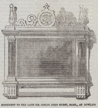Pomnik zmarłego sir Josiaha Johna Guesta, Baroneta, w Dowlais (rycina) autorstwa English School