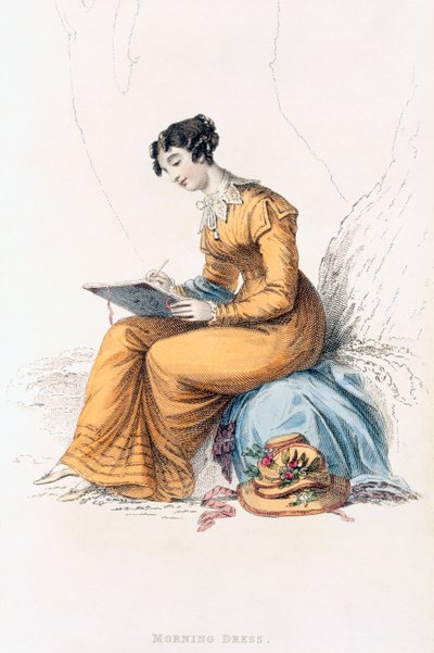 Sukienka poranna, talerz z modą z Ackermanns Repository of Arts autorstwa English School