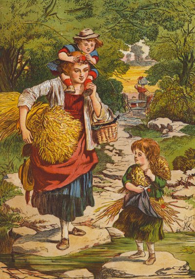 Matka i dzieci wracające do domu po żniwach (kolorowa litografia) autorstwa English School