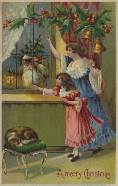 Matka i córka machające do Świętego Mikołaja (chromolitho) autorstwa English School
