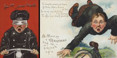 Kartka bożonarodzeniowa o tematyce motocyklowej (chromolitho) autorstwa English School
