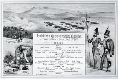 Zamontowane ilustrowane menu na bankiet upamiętniający Balaklava, który odbył się w Alexandra Palace, 25 października 1875 (rycina) autorstwa English School