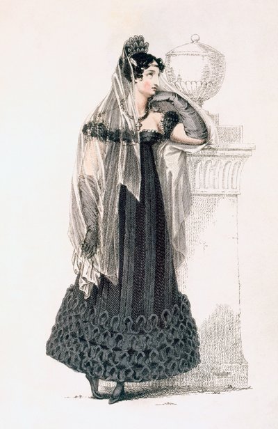 Suknia żałobna, talerz z modą z Ackermanns Repository of Arts autorstwa English School