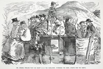 Pan Briggs czując, że jego serce jest w Highlands, goni jelenia, rusza na północ, ilustracja z Punch autorstwa English School