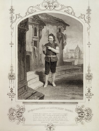 Pan Buckstone jako Lancelot Gobbo, Akt II, scena 2, w Kupiec wenecki Williama Szekspira (1564-1616) autorstwa English School