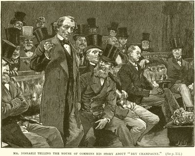 Pan Disraeli opowiada Izbie Gmin swoją historię o wytrawnym szampanie autorstwa English School