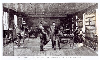 Pan Edison (1847-1931), wybitny elektryk, w swoim laboratorium autorstwa English School