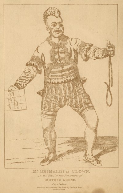 Pan Joseph Grimaldi jako Clown w popularnej pantomimie Mother Goose autorstwa English School
